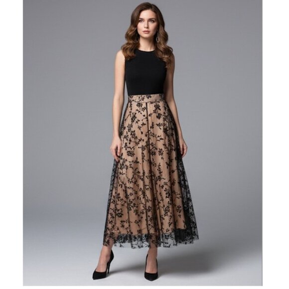 Floral Flocking Tulle Long A-Line Skirt - Picture 2 of 12